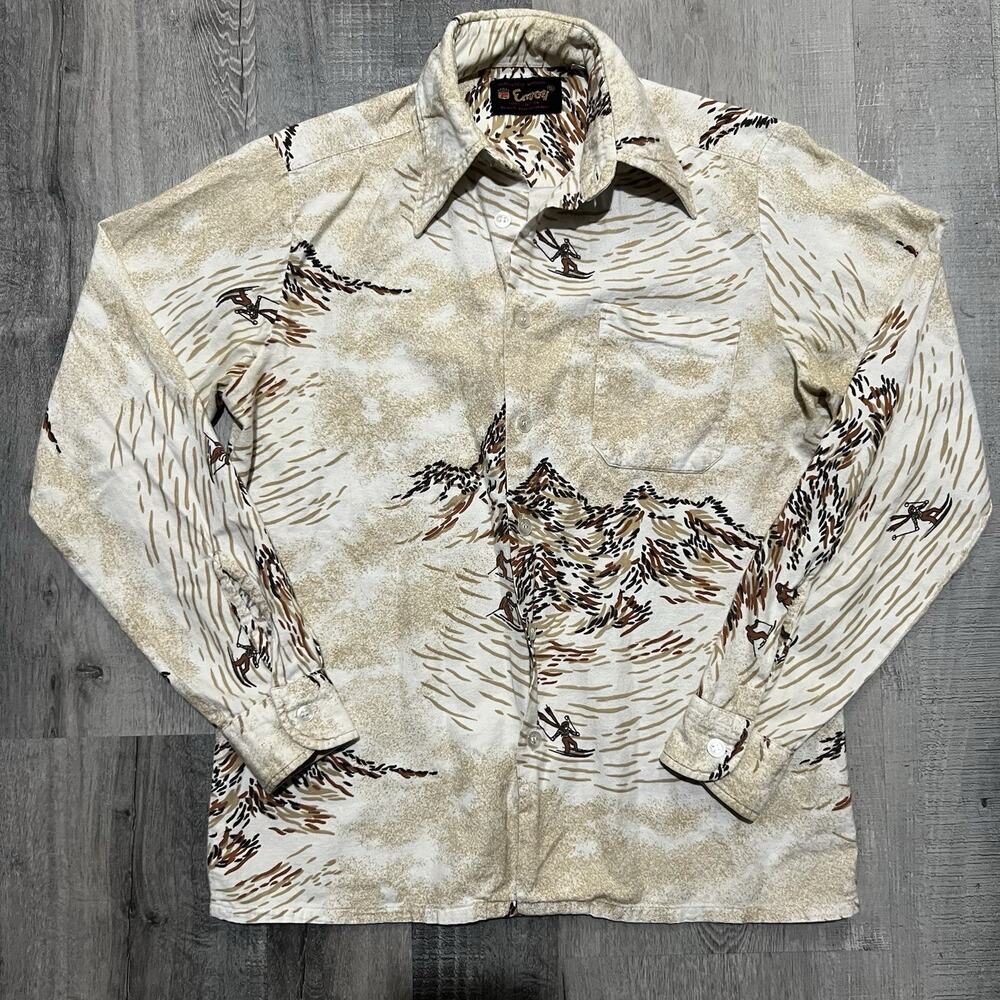 VTG Envoy Button Shirt 1970s Ski Print Novelty Mountain Skiing Button Shirt S